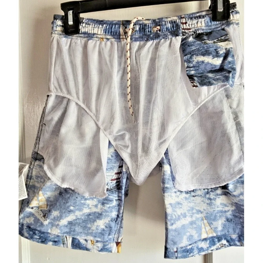 J Crew men Sz XS swim trunks‎ tie waist pockets sailboats NEW